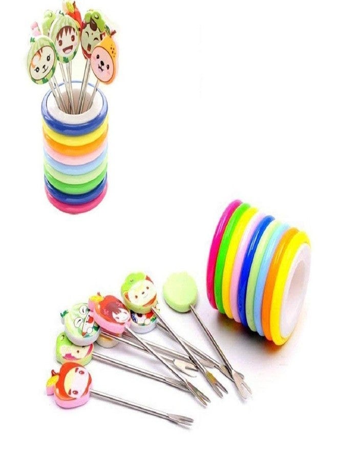 Prostuff.in Colourful Ring Style Stainless Steel Fruit Fork Stand with 8 Cartoon Shape Suitable for Fruit-Salad, Multi Color - Image 1